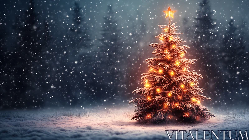 Snow covered outdoor Christmas tree with warm lights at night.