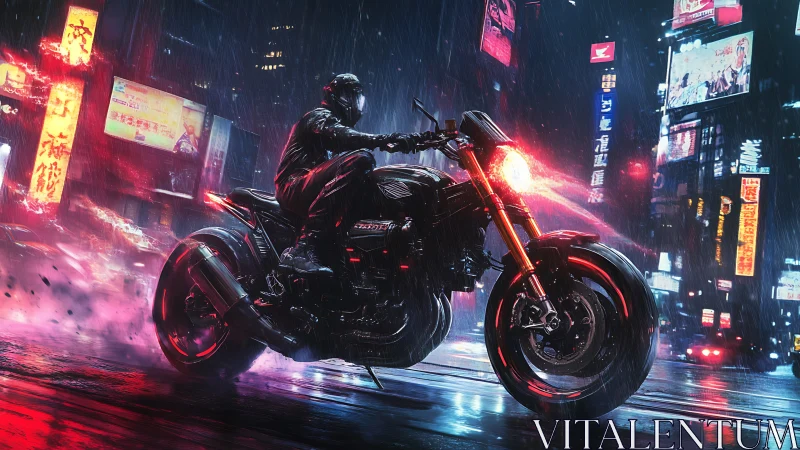 Cyberpunk rider cuts neon rain through wet city streets.