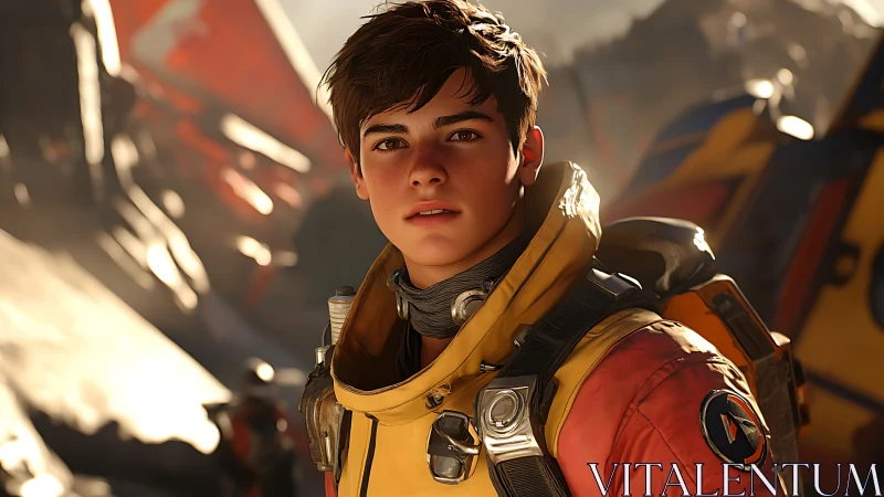 Young space explorer in yellow suit on sci fi outpost.