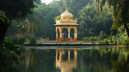 Garden pavilion reflected in still pond under dense foliage.