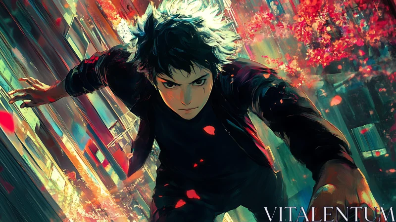 Male figure moves dynamically through stylized urban space