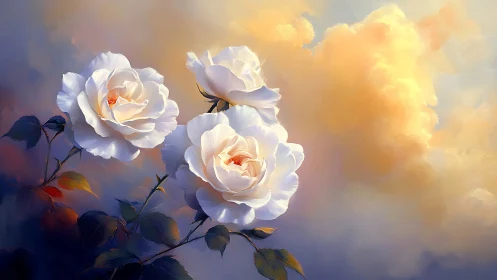White Roses Glowing in Golden Sunrise Light and Clouds