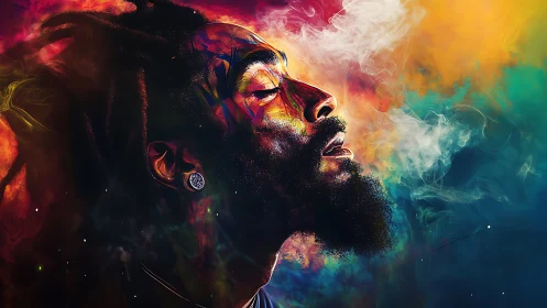 Colorful side profile portrait in swirling smoke clouds.