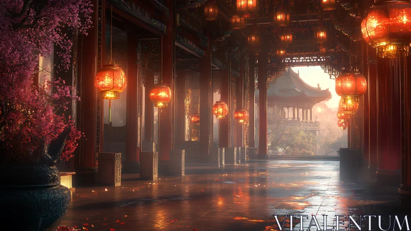 Lantern lit palace corridor with distant pavilion at dusk.