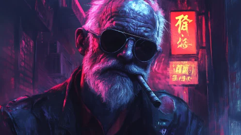 Weathered street wanderer in neon city glow at night.