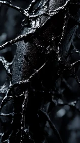 Dark glossy organic tendrils wrapping textured surface.