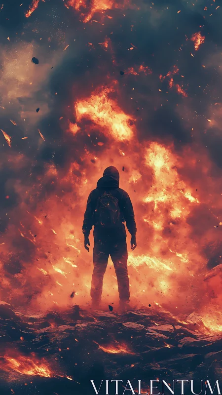 Silhouetted Figure Amid Explosive Fire and Smoke