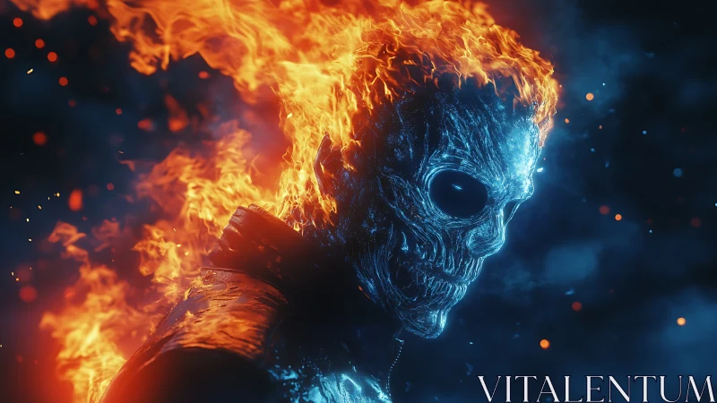 Flaming skeletal figure with metallic skull in profile view.