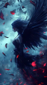 Dark-winged fallen angel in crimson petal storm environment