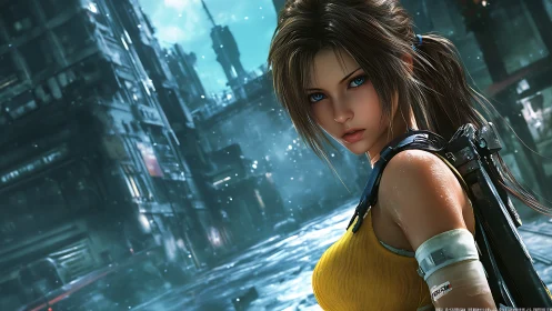 Cyber heroine in rain-soaked neon industrial streetscape.