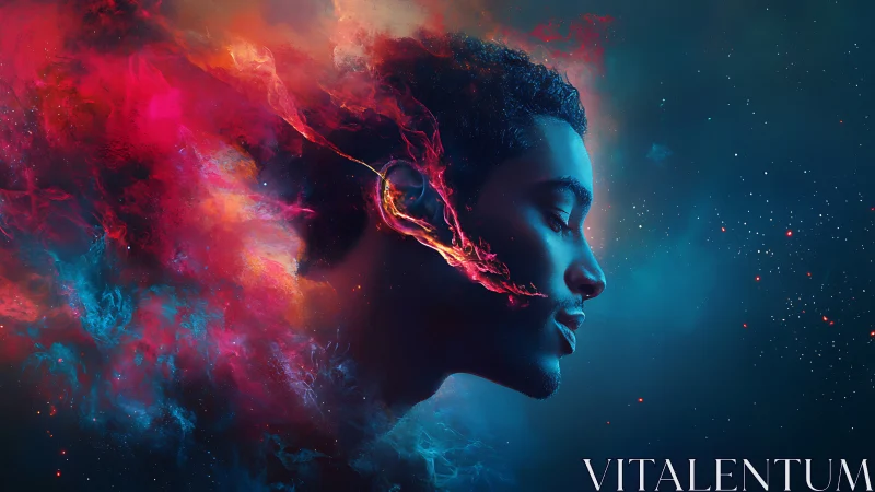 Neon nebula portrait merges human profile with cosmic plasma flow