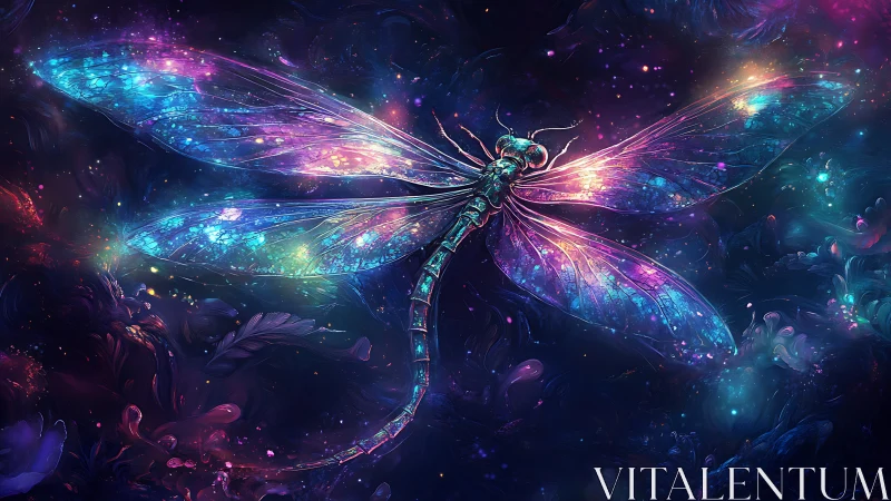 Glowing dragonfly hovers in deep space like nebula wings
