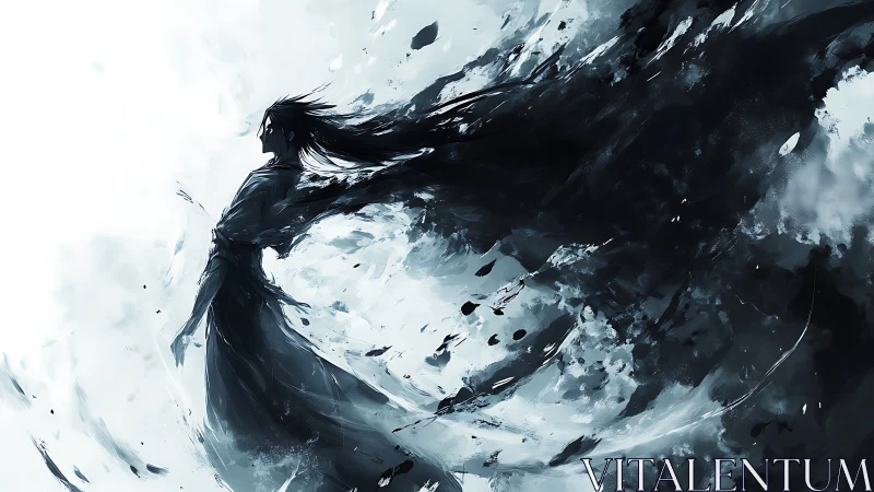 Stormbound silhouette dissolving into abstract ink currents.