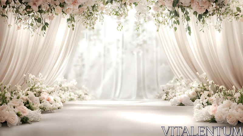 Petal-draped wedding aisle glowing in dreamy blush light.