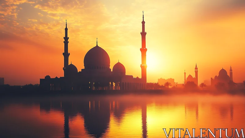 Photorealistic mosque silhouette at sunrise with reflective symmetry.