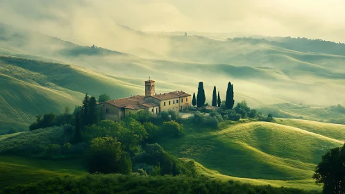 Hilltop villa surrounded by misty green rolling hills.