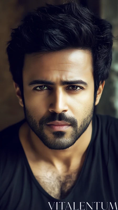 Intense bearded portrait under soft cinematic light.