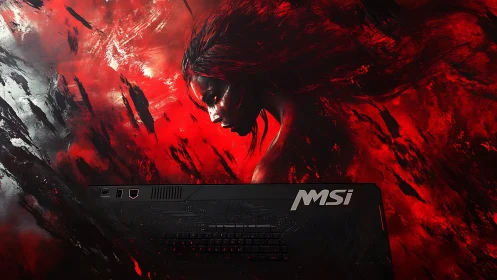 MSI gaming laptop with red digital illustration background.