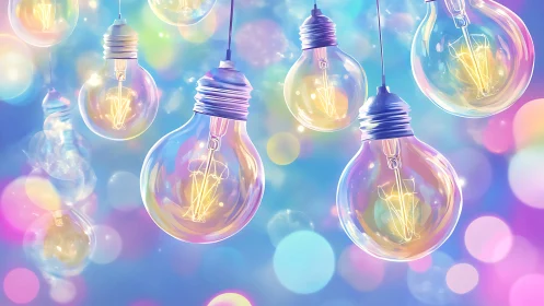 Hanging glass light bulbs with multicolored bokeh background.