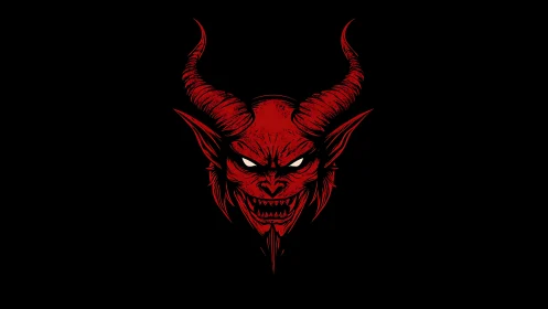 Sinister red demon bust with horns on pure black field.