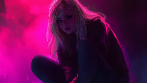 Neon alley daydreamer curled in electric magenta gloom.