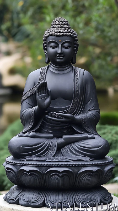 Basalt-toned Buddha sculpture in lotus pose, garden backdrop.