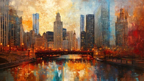 Sunlit river cityscape with fiery reflections at dusk.