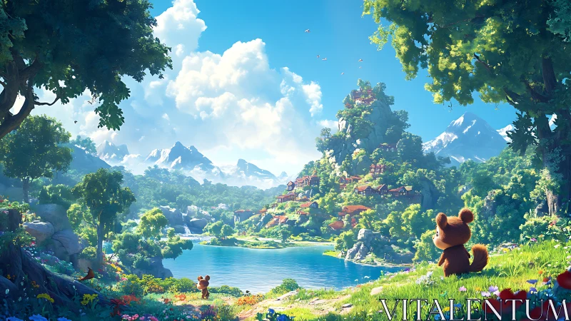 Cartoon bear characters observe bright lake village landscape