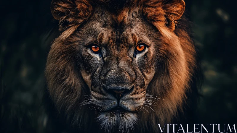Powerful male lion portrait with intense golden eyes.