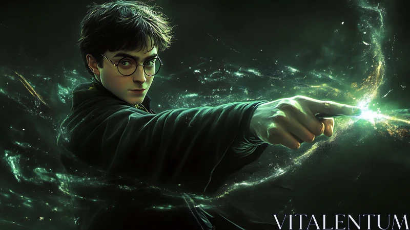 Young wizard casting glowing green magic spell effect