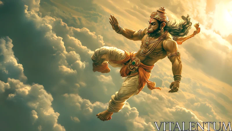 Skybound monkey warrior streaking through molten dawn clouds.