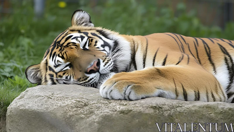 Striped daydreamer tiger napping on a sunwarmed stone pillow.