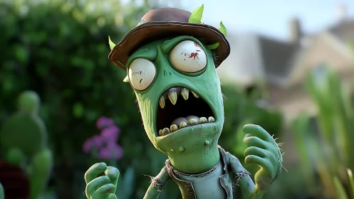 Cartoon zombie screams under bright garden daylight.