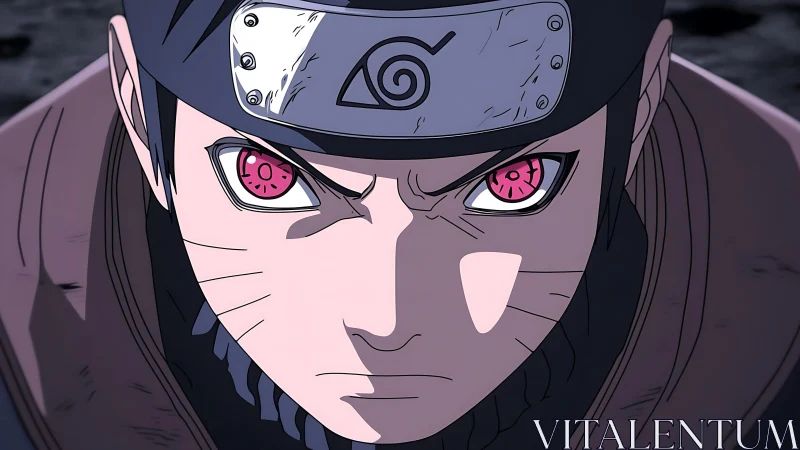Intense anime ninja close-up with glowing pink eyes.
