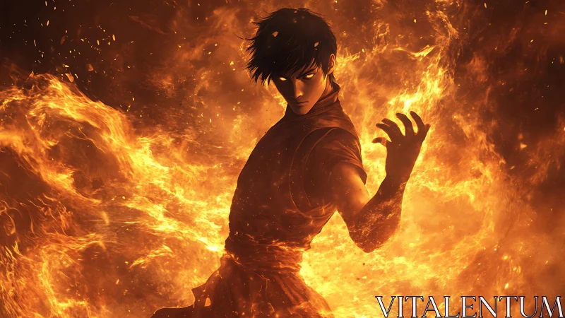 Fire-wielding anime warrior commands swirling inferno flames.