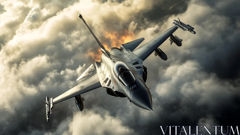 Modern jet fighter aircraft ascends through dense cloud layer