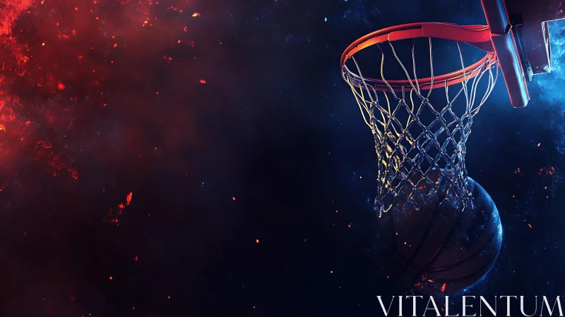 Basketball hoop with glowing ball in dramatic red blue space