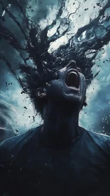 Exploding dark fluid head with figure screaming upward.