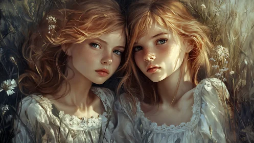 Freckled twin girls lying in wildflower meadow portrait.