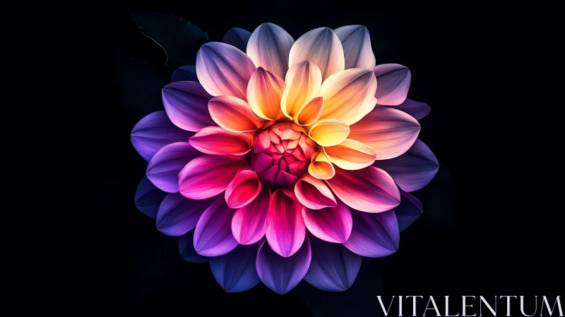 Multipetalous flower form with gradated color transitions on dark background