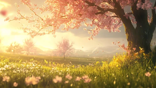 Sunlit cherry blossom tree over glowing spring meadow.