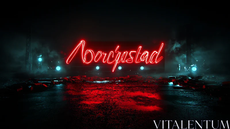 Red neon script sign in dark wet industrial setting.