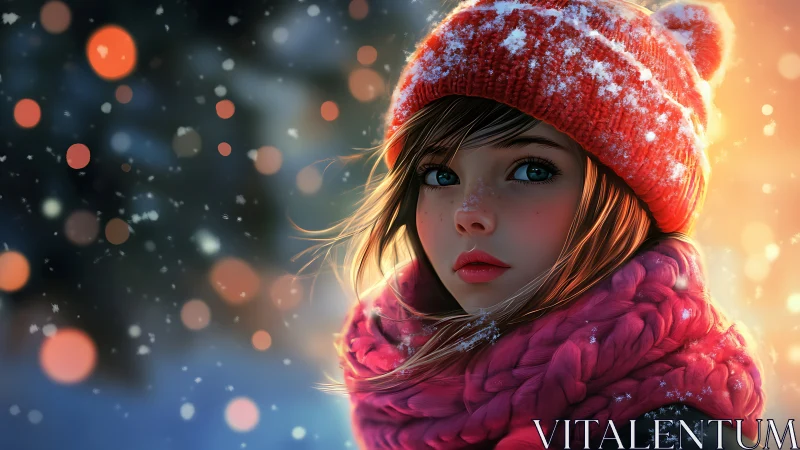 Snowlit girl in red knit hat wrapped in glowing winter hush.