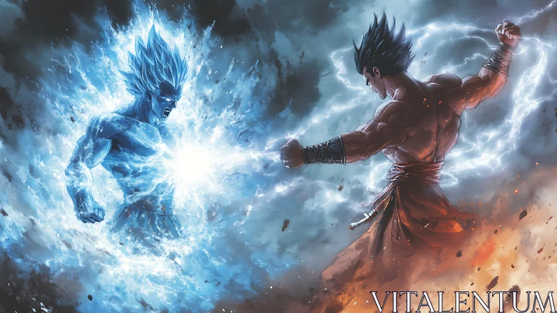 Elemental duel between blue energy avatar and fighter