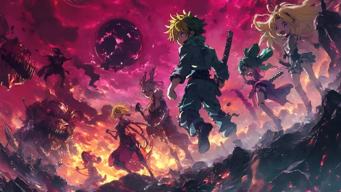 Anime-style group in volcanic landscape under red sky.