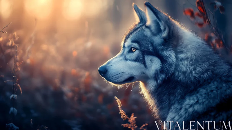 Luminous side-profile wolf in volumetric dusk backlighting.