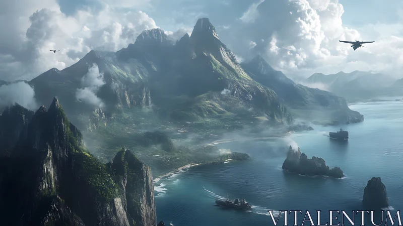 Mountainous Island Landscape with Naval and Aerial Activity.