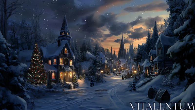 Snow-covered village street is illuminated by warm window light