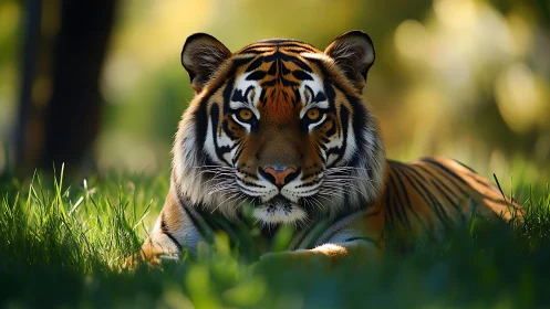 Photorealistic tiger in shallow-depth grassland focus field.