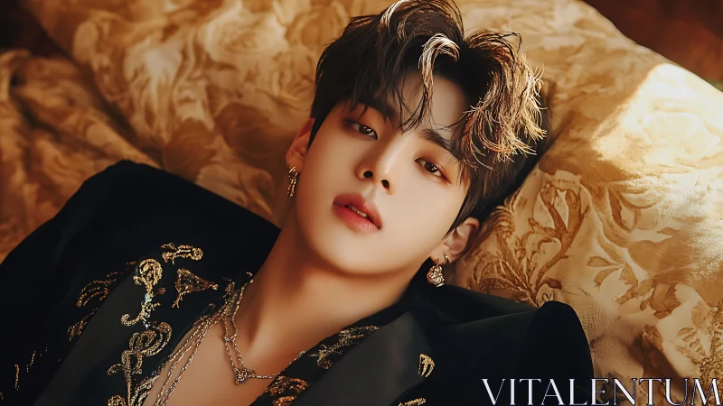 Opulent close-up portrait frames androgynous subject in golden light